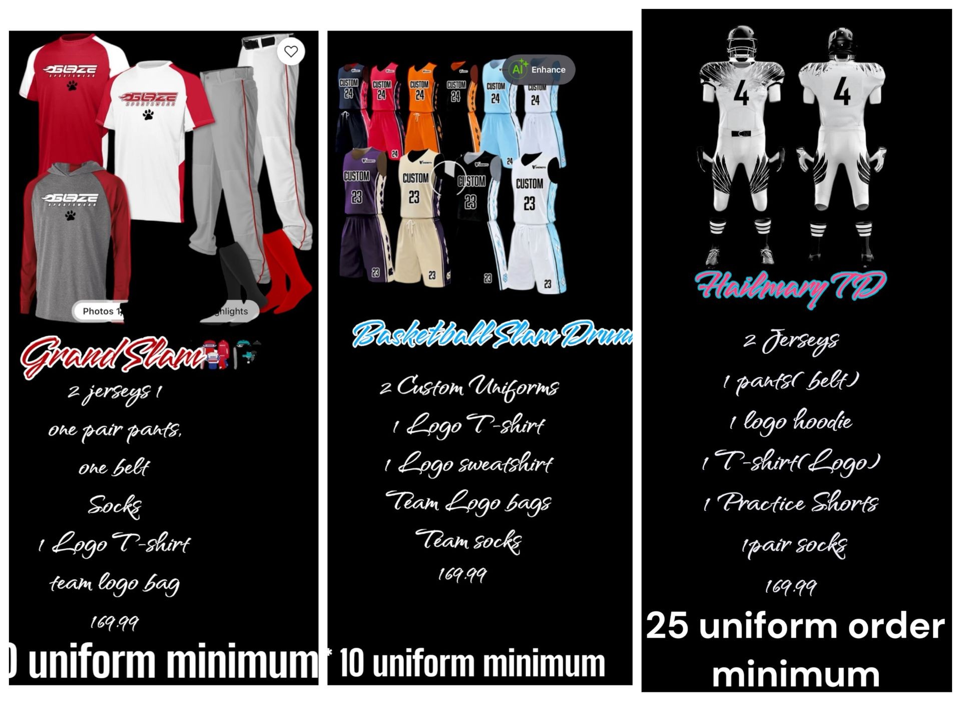 Sports uniform packages for baseball, basketball, and football with different items and minimum order requirements.